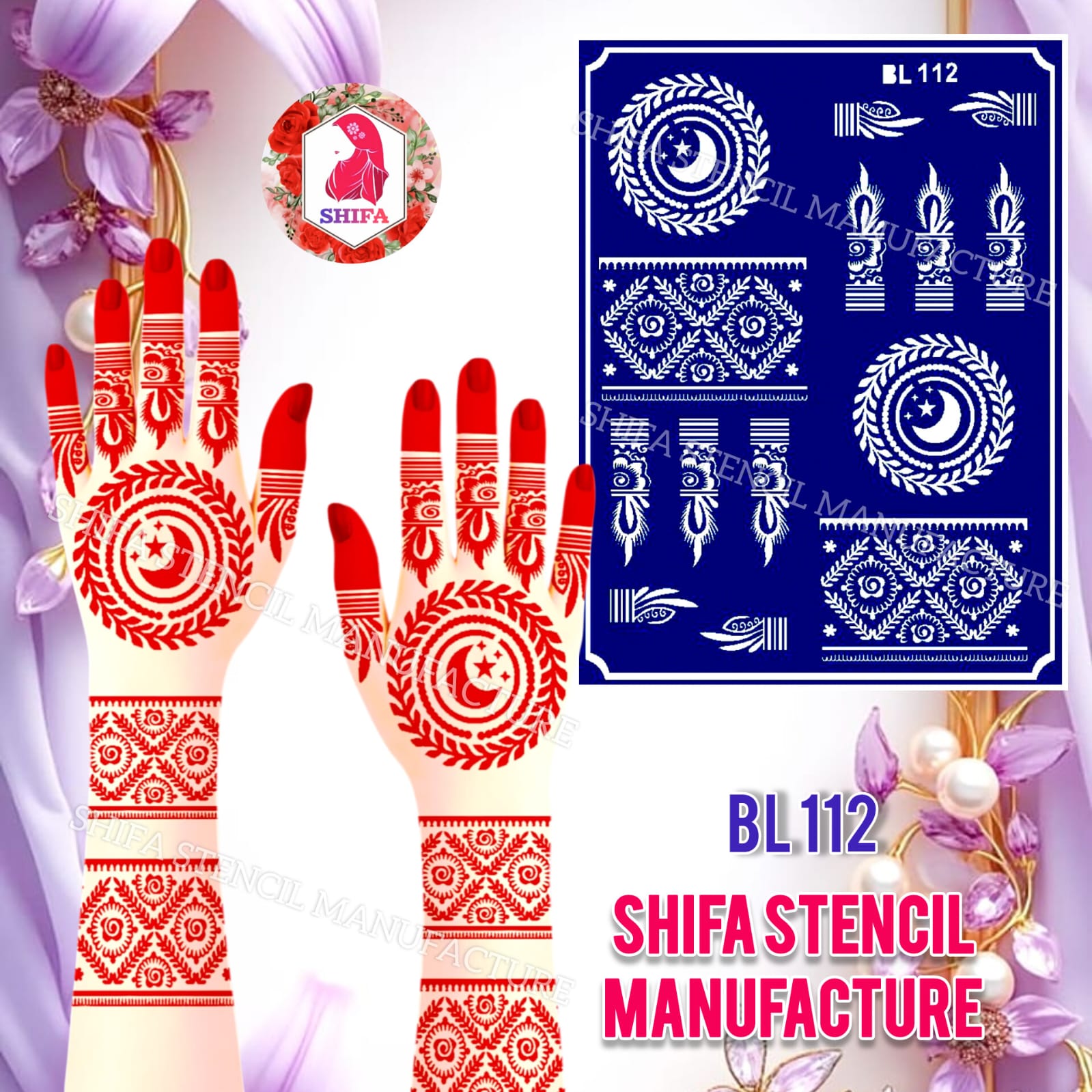 BL112 Moonlit Wreath Majesty Double Hand Henna Stencil - Shifa Stencil